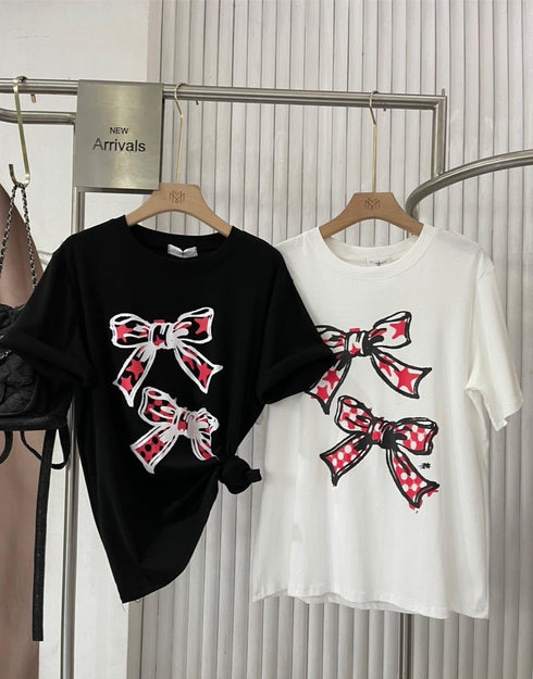 Bow Print Casual T-Shirts